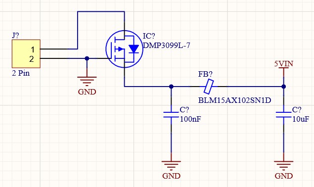 Schematic showing reverse polarity protection using the DMP3099L-7 P-Channel MOSFET