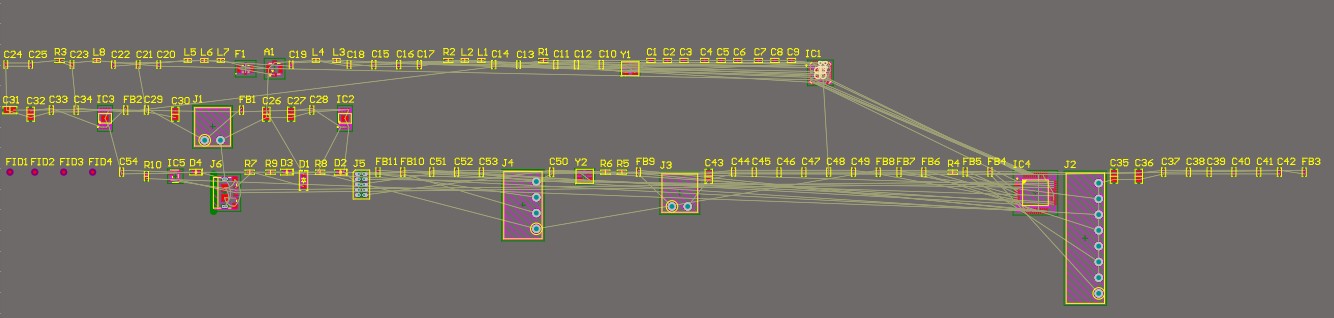 Altium Designer 20 screenshot showing PCB layout with a few dozen components placed off board 