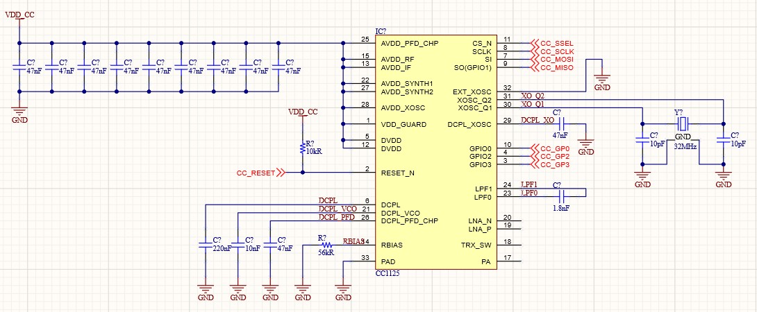Schematic showing the CC1125 with both power connections on the left and RF connections on the right 