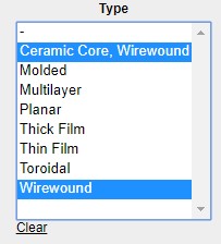 List input showing selections related to Wirewound in a digikey search
