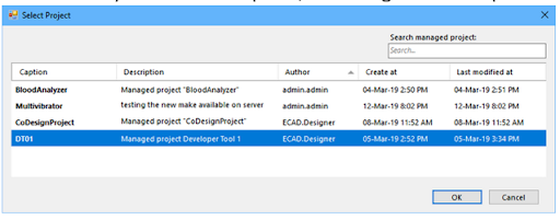 Figure 2. Select Project interface of concord pro showing a newly designed project