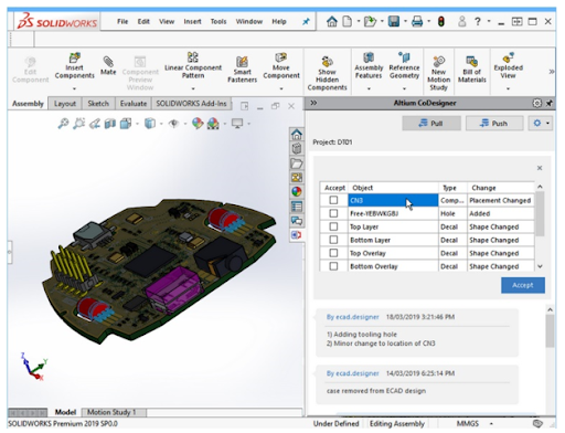 Figure 3. SolidWorks screenshot showing the PCB exported from ECAD to MCAD with a changelist in Altium CoDesigner.