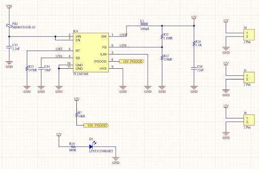 Altium Designer schematic for a TI LM5166 12V switched mode regulator of a 65W single IC LED Driver