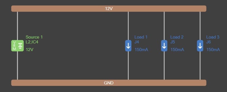  Altium PDN Analyzer simulation with 12V net, GND net, a source and 3 loads