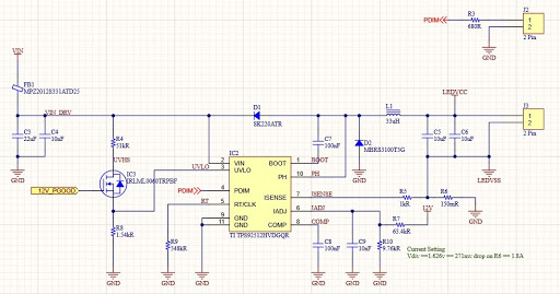 Altium Designer schematic for a TI TPS892512MVDGQR IC and its passives in a 65W single IC LED Driver