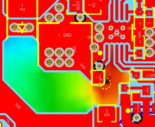 Altium PDN Analyzer simulation showing a PCB with copper colored depending on current density