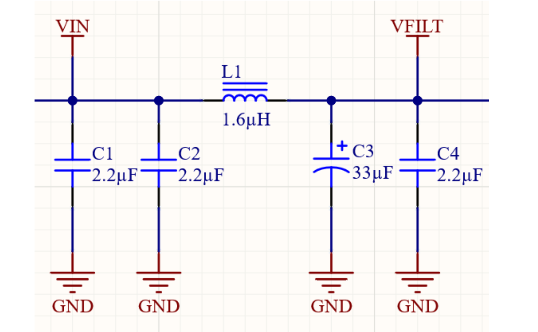 Altium Designer 20 schematic of a simple PI filter - 48V to 3.3V Regulator Design