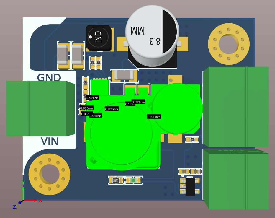 Altium Designer 20 3D board view showing component collision in a board for a 48V to 3.3V Regulator Design Project