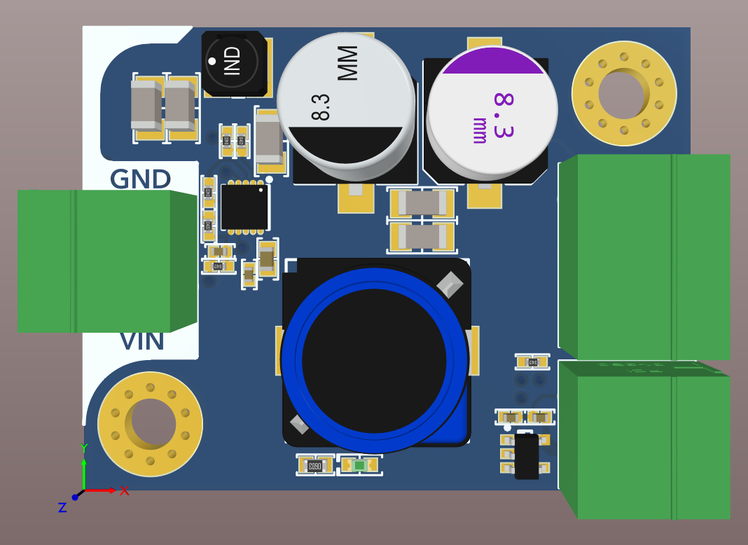 Altium Designer 20 3D board view for a board for a 48V to 3.3V Regulator Design Project