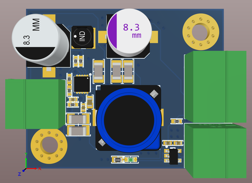 Altium Designer 20 3D board view for a board for the final version of the 48V to 3.3V Regulator Design Project
