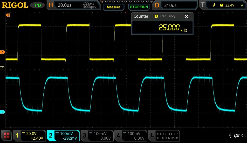 oscilloscope showing photodiode response in current conduction mode at 25kHz