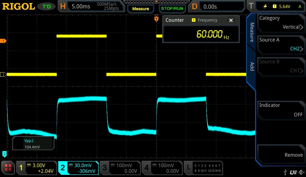 oscilloscope image showing photodiode response in photovoltaic mode at 60Hz