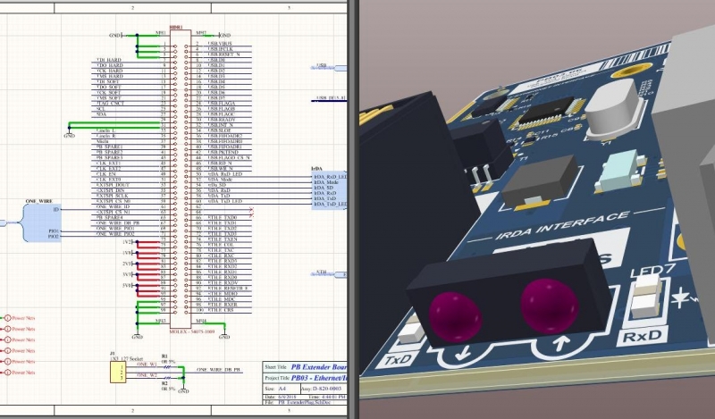 Screenshot of schematic design and 3D PCB layout in Altium Designer vs. PCB OrCAD