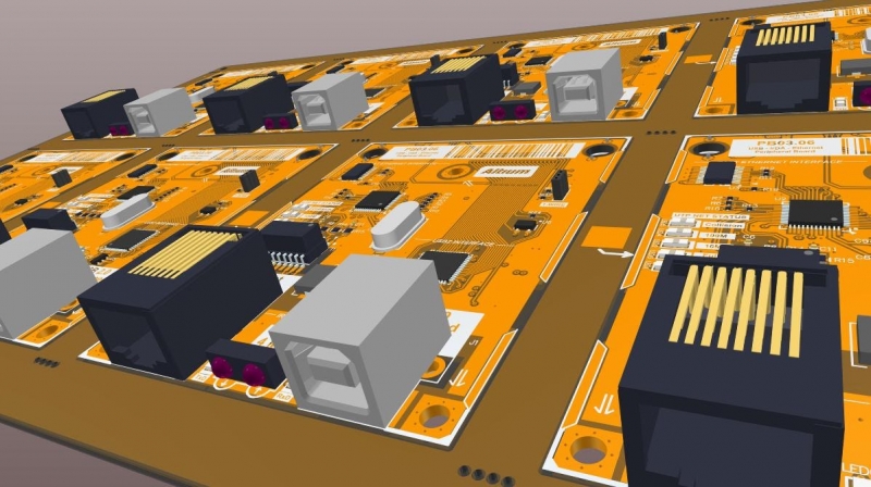 3D view of a PCB fabrication panel in 3D PCB design software