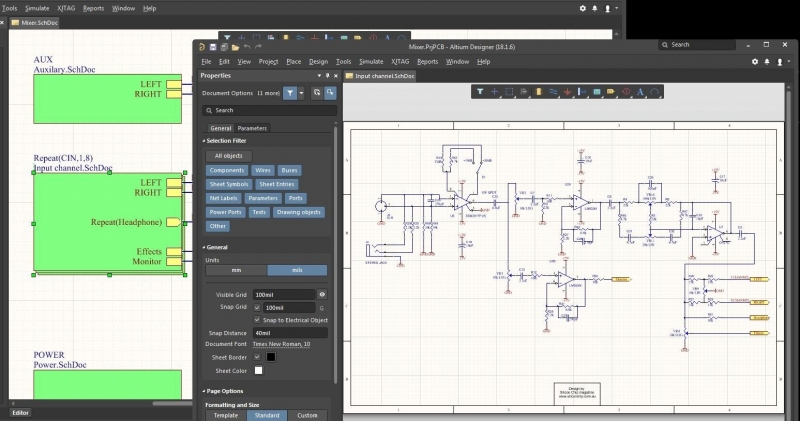 Screenshot of hierarchical schematic design in schematic CAD software