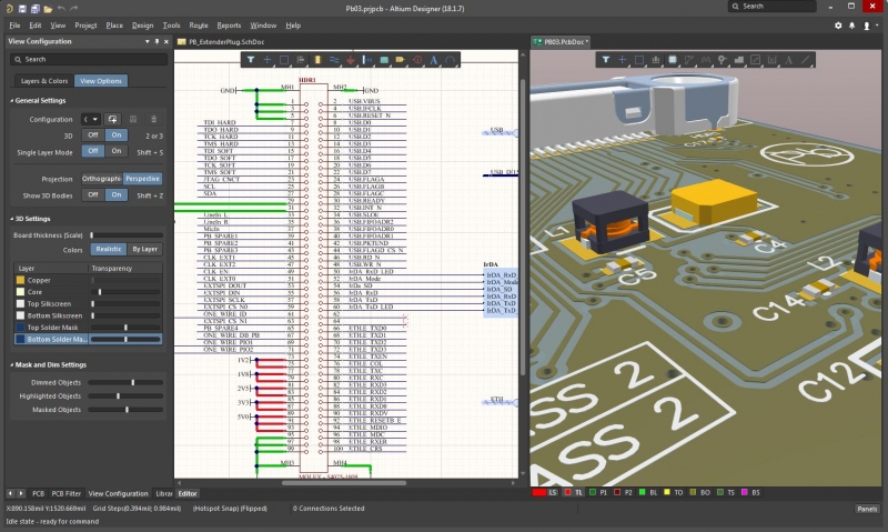  回路図CADソフトウェアの回路図と3Dレイアウトのスクリーンショット