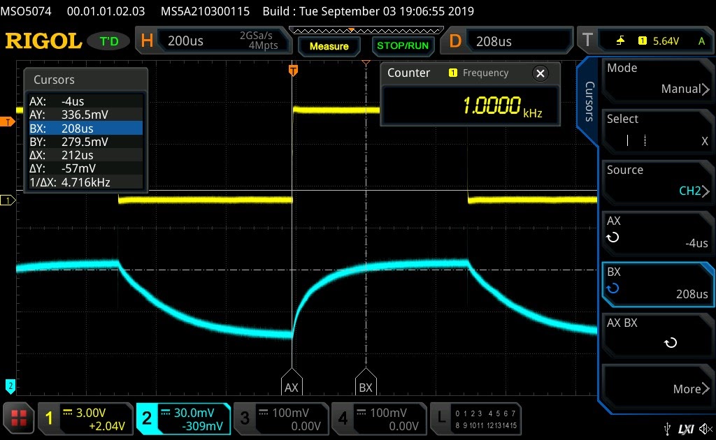 oscilloscope image showing photodiode response in photovoltaic mode at 1kHz