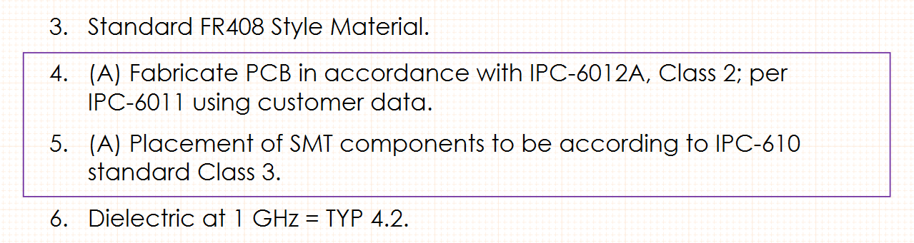 PCB図面に付記されたクラスの種類についての注記