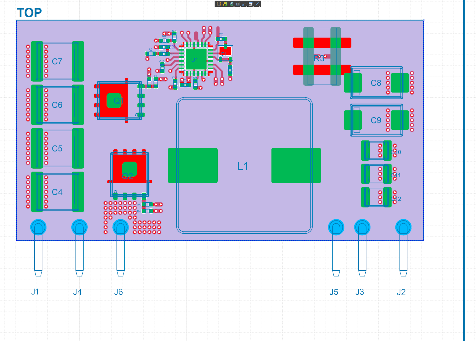 Board Assembly View Showing Mask, Topology, Through-holes, and Pads
