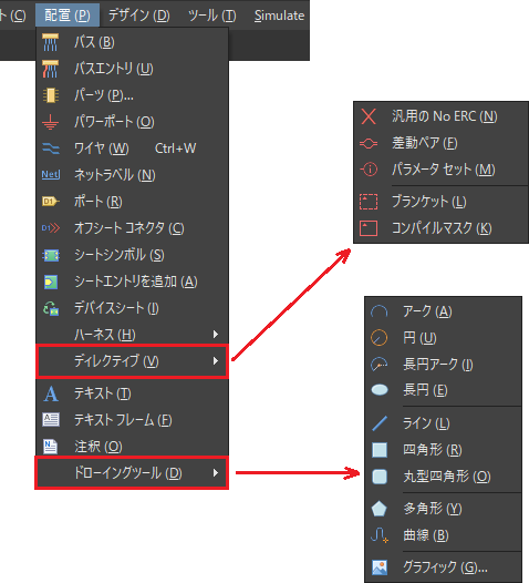 図1. 回路図にオブジェクトを挿入する為の[配置]メニュー