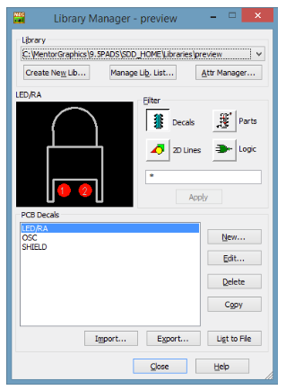 Sélectionnez les Décals PCB dans le gestionnaire de la bibliothèque PADS PCB Logic
