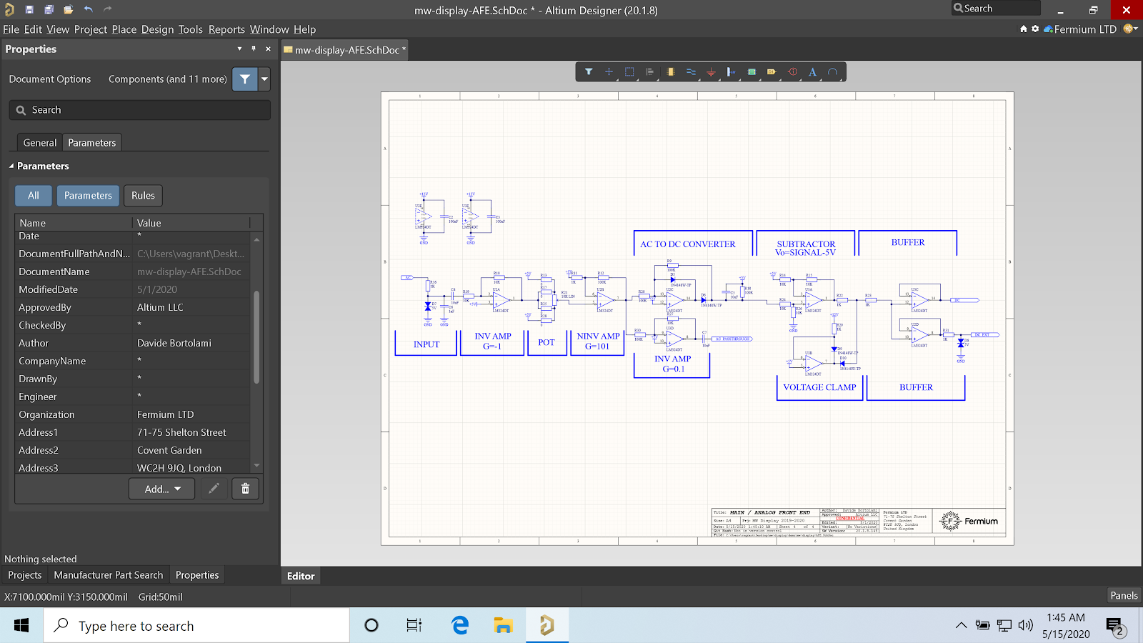 Completed schematic with a red-blue palette and custom title block