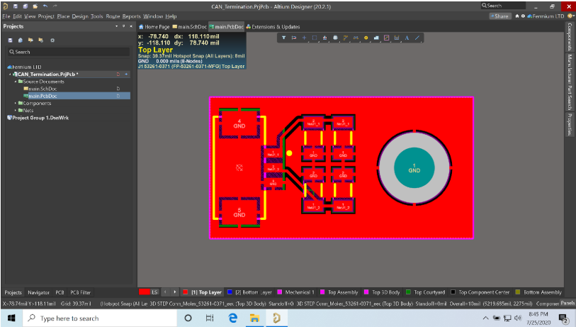 2D view of q completed PCB Design for Controller area network bus