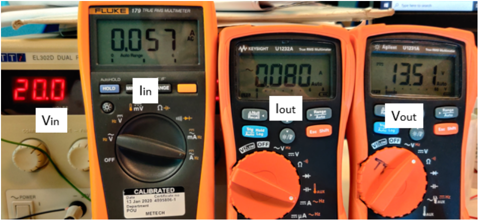 Voltage & current measurements of buck mode of buck-boost converter.