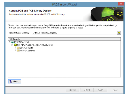 Selezione della Project Output Directory nell'Importazione guidata di PADS per la configurazione PCB