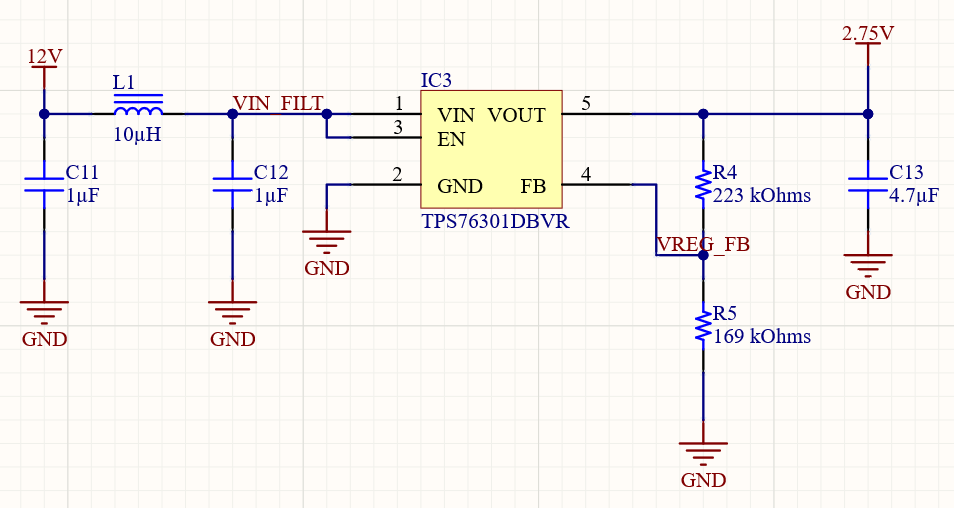 Altium Designer 20 2.75V power supply schematic using the TPS76301DBVR