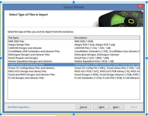 Seleccione archivos de bibliotecas y de diseños de OrCAD en la pantalla «Select Types of Files to Import» (seleccionar el tipo de archivos para importar). Haga clic en «Next»
