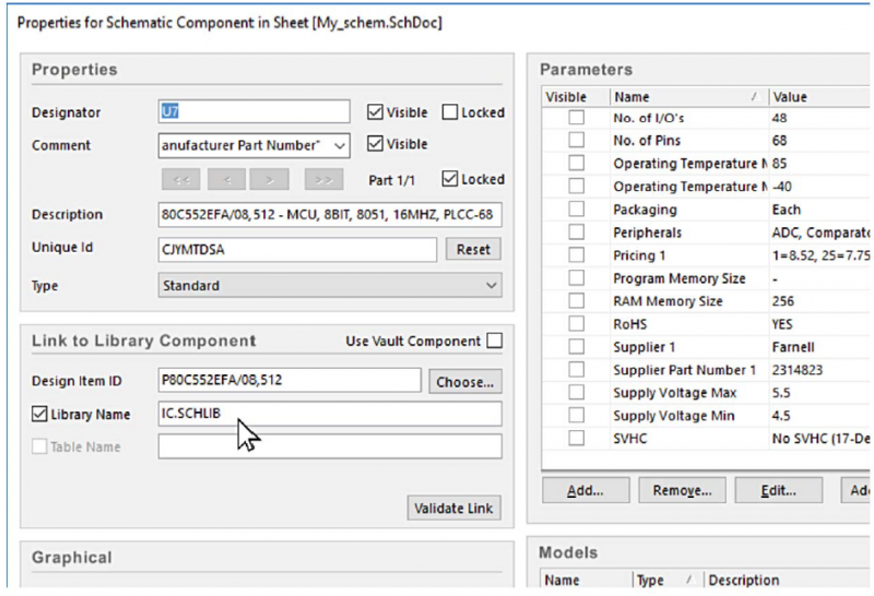 Figure 3: Properties for Schematic Component in Sheet dialog. You can also see this in the Parameter Manager.