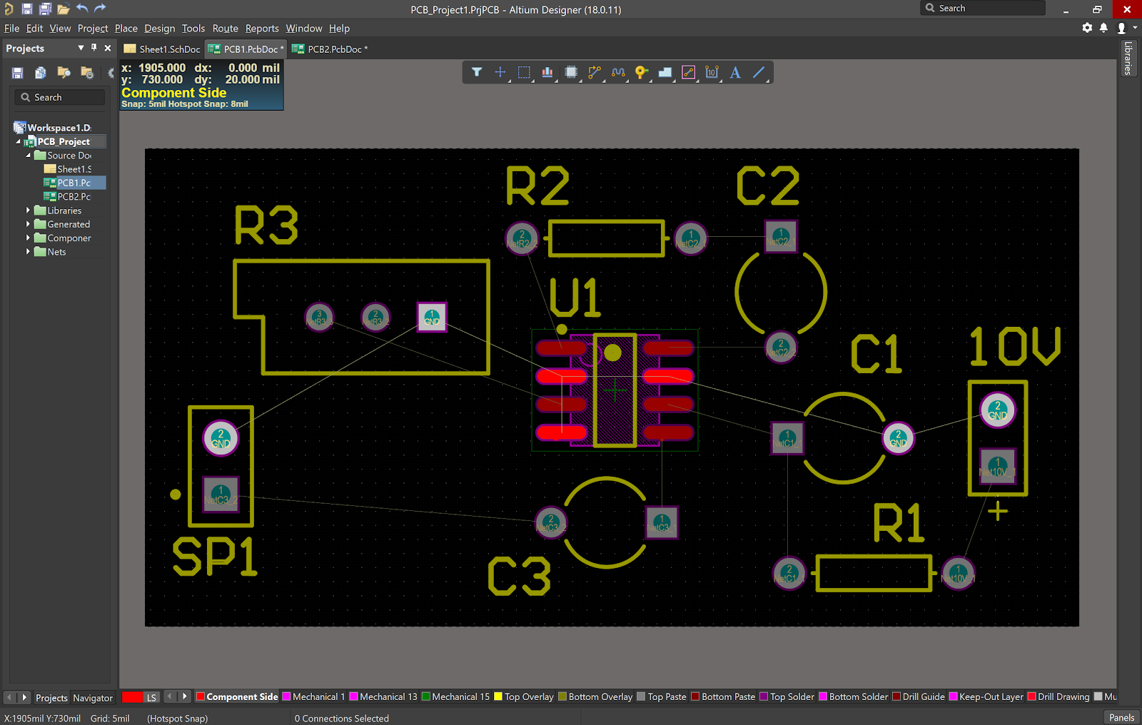 A PCB component arrangement for our LM358 op-amp circuit and PCB layout