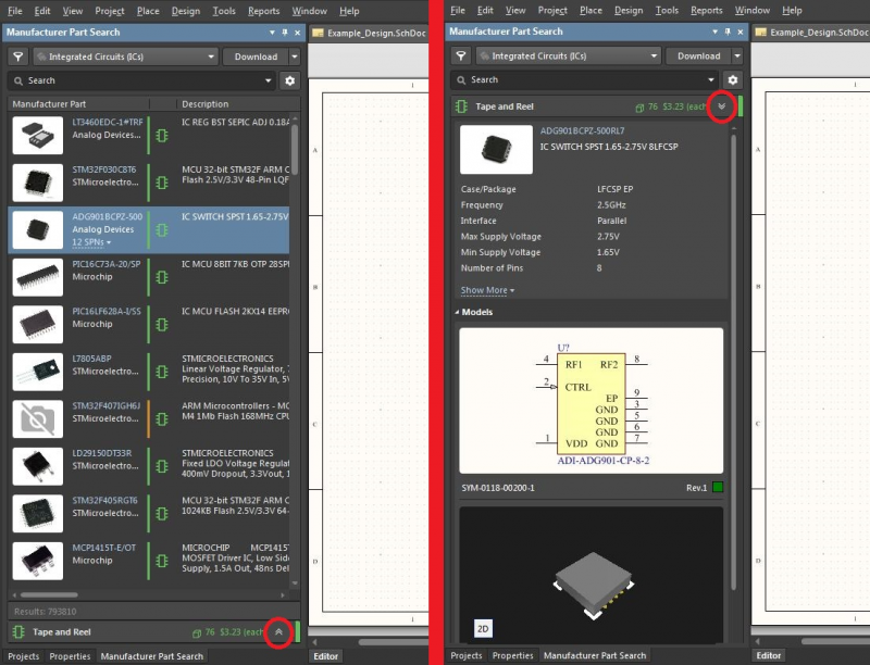 Screenshot of the Manufacturer Part Search window in Altium Designer