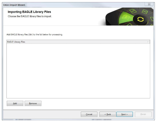 Añadir archivos .lbr de bibliotecas de Eagle es opcional; haga clic en «Add» para seleccionar el/los archivo/s de la biblioteca que desea importar. Haga clic en «Next (siguiente) para continuar