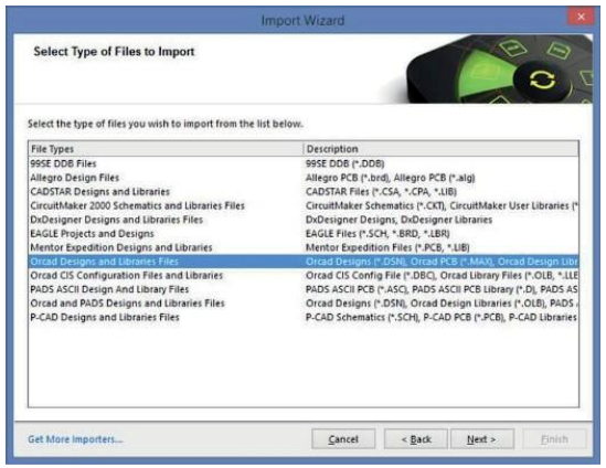 Auswahl der Dateitypen des Altium Designer Installationsassistenten zum Importieren von OrCAD Designs