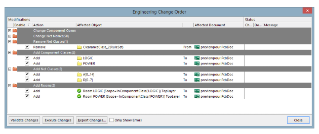 Configuration des options du projet pour une demande de modification technique (ECO) dans Altium Designer