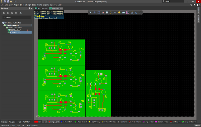 PCB Design Environment with multiple boards for panelization