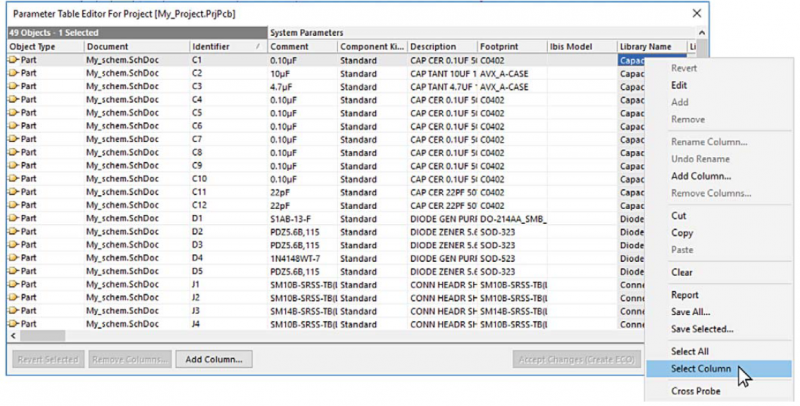 Figure 7: Selecting an entire column in the Parameter Table Editor.