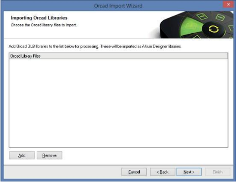 Um OrCAD OLB Bibliotheken hinzuzufügen, klicken Sie auf die Schaltfläche ‚Add‘, um die Bibliotheksdatei(en) auszuwählen, die Sie importieren möchten. Klicken Sie auf ‚Next‘, um fortzufahren.