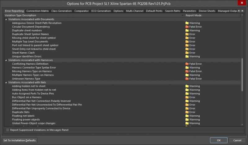 Options de rapport d'erreurs pour les fichiers de production d’Altium Designer