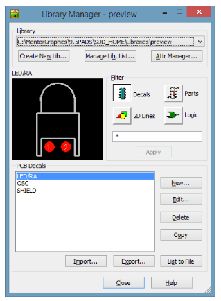 Selezione delle Decalcomanie di PCB nel PADS Logic Library Manager