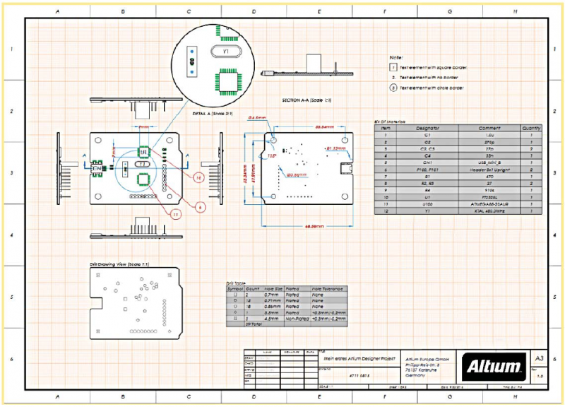 Esempio di disegno circuito stampato PCB con Draftsman che evidenzia i dettagli per l'assemblatore di PCB