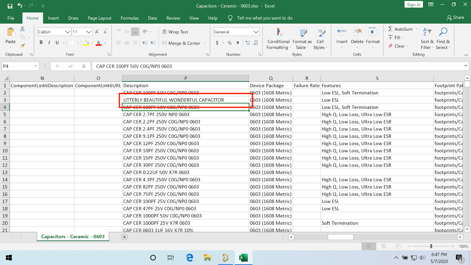 Änderung der Komponente in Excel