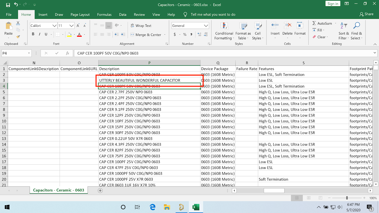 ￼Le composant a été édité sur Excel