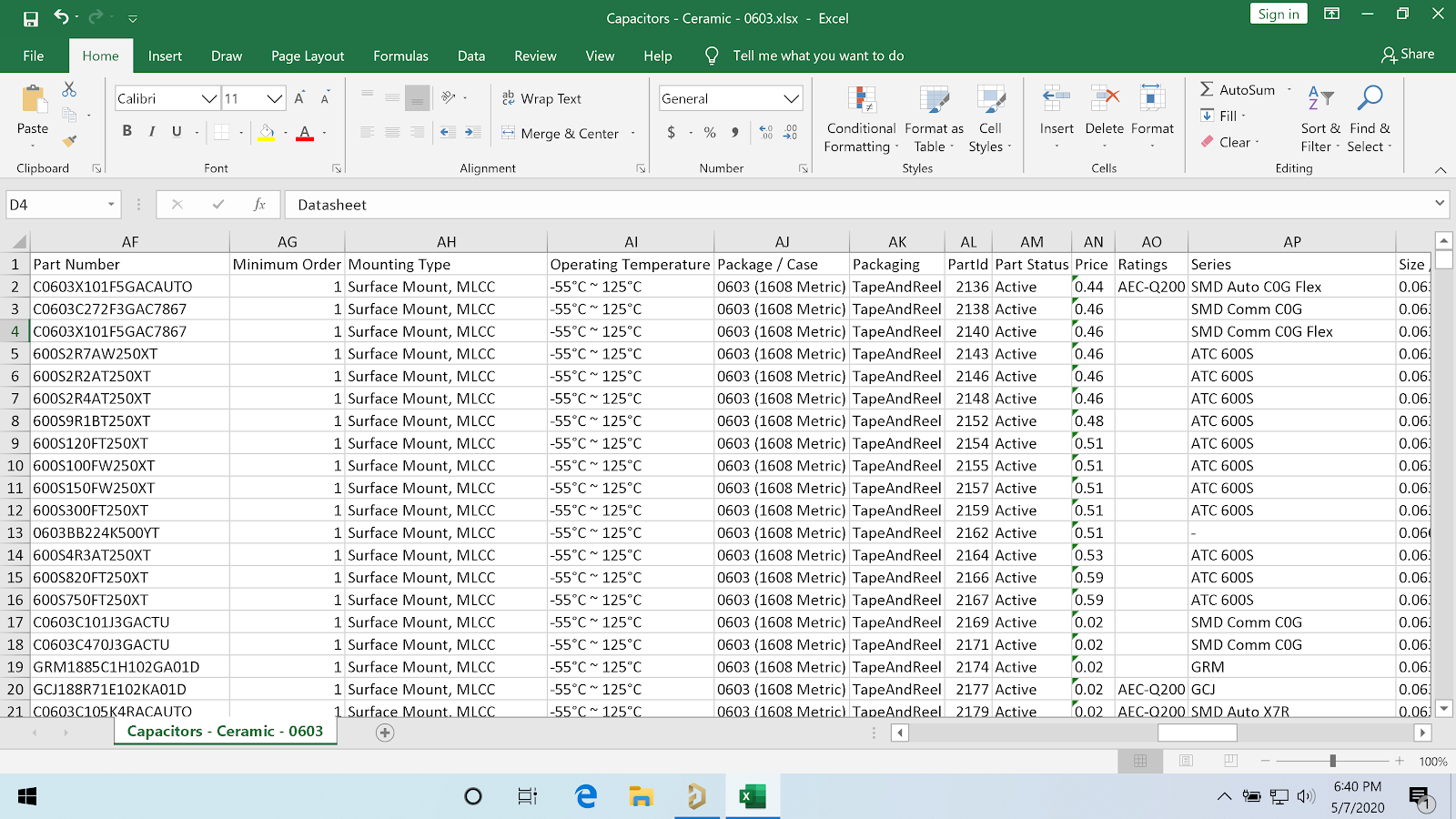 Biblioteca de componentes. Librería de base de datos convertida a Excel