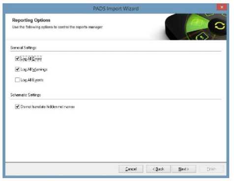 Configurar opciones de informes en el asistente de importación de archivos PADS