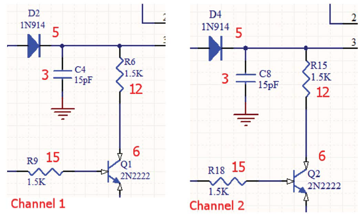 Figura 14: se muestran los valores de compensación de los canales en el diseño de pcb multicanal al lado de cada componente en rojo.