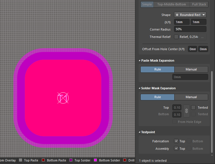 Finished PCB footprint for a test point