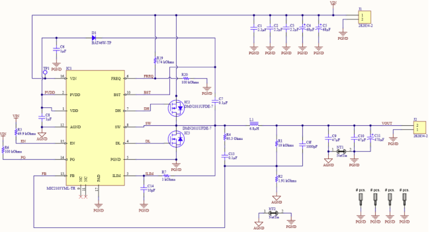 The schematic for the MIC2103 buck controller design